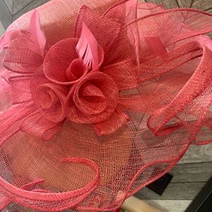 Kate Landry Straw Hat Hot Pink Barbiecore Easter Cottagecore Bow Ruffle Feather